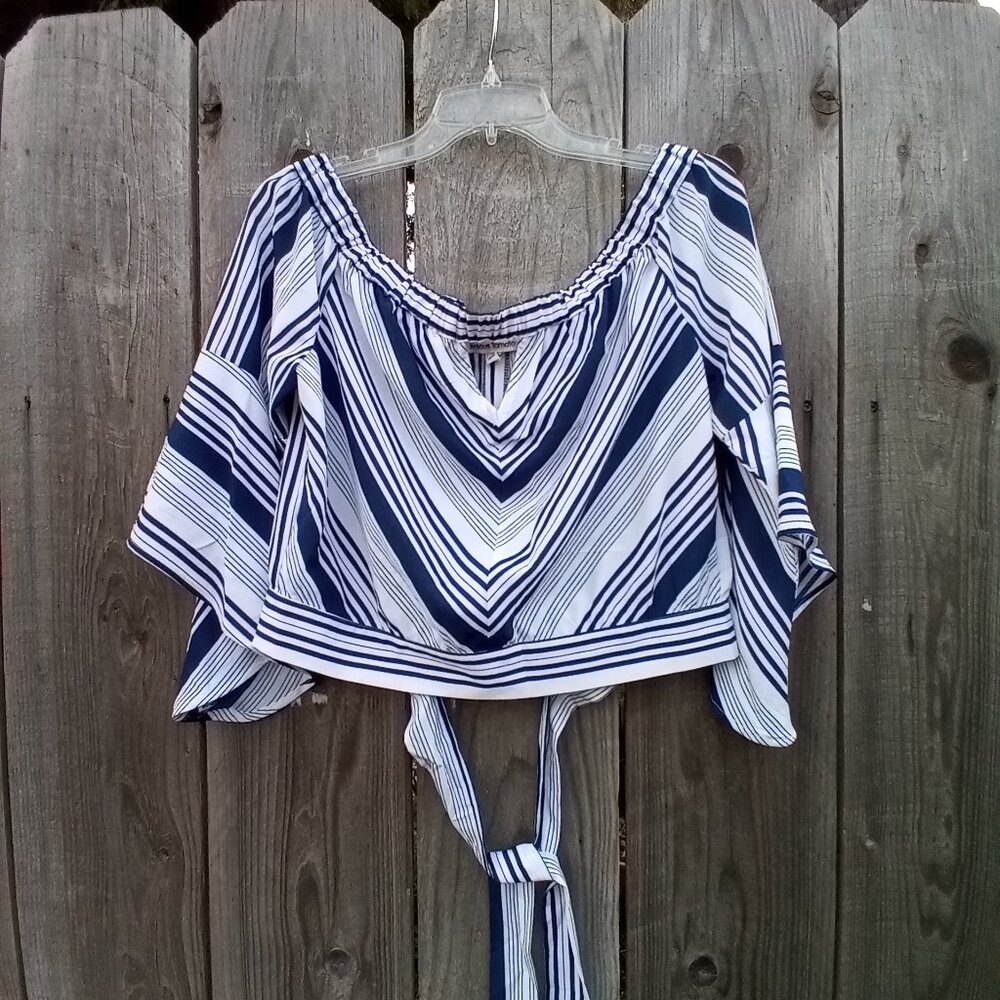 Off the Shoulder Chevron Striped Crop Top Jealous Tomato L Wide Bell Sleeves
